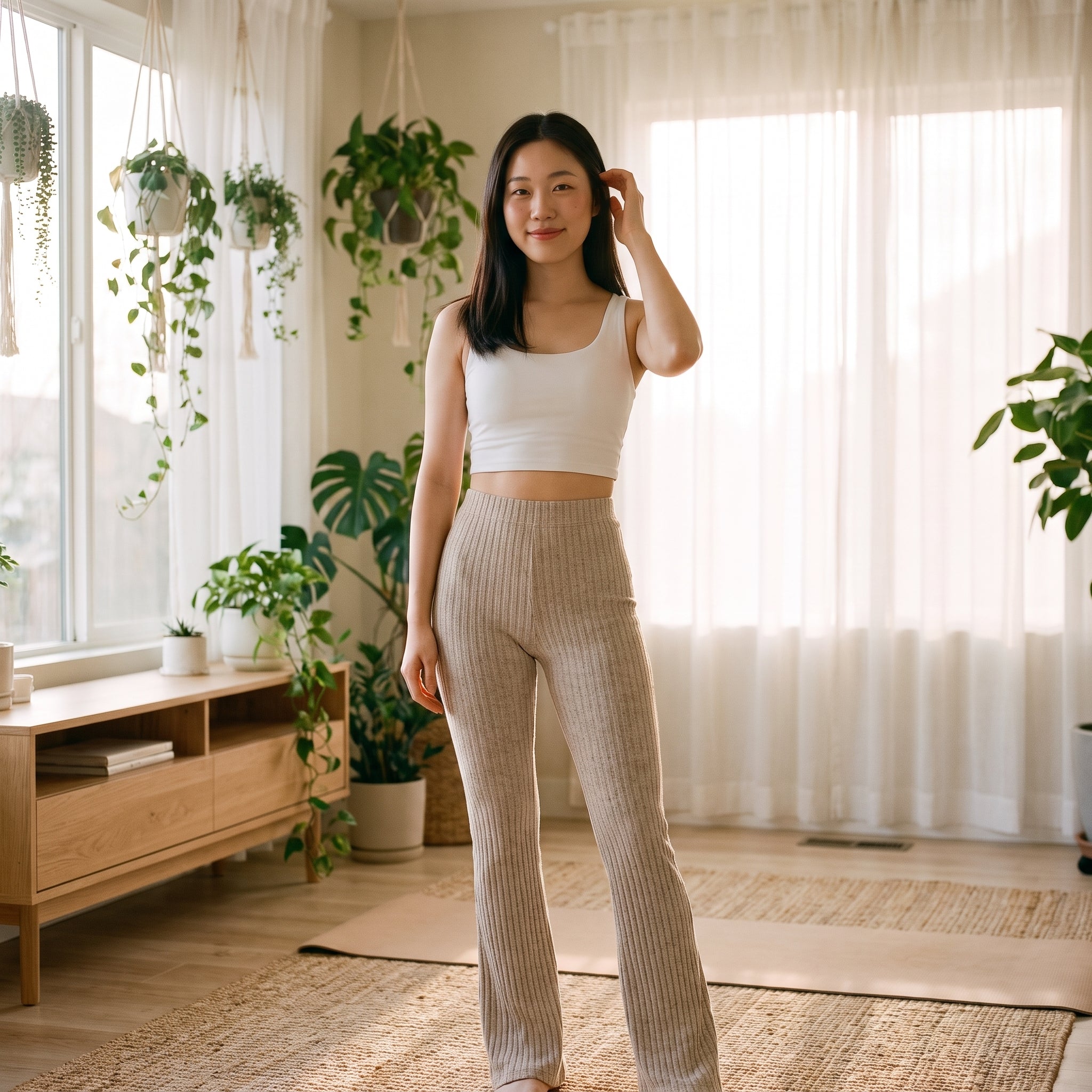 Yuna forfra i beige ribbestrikk-yogabukser